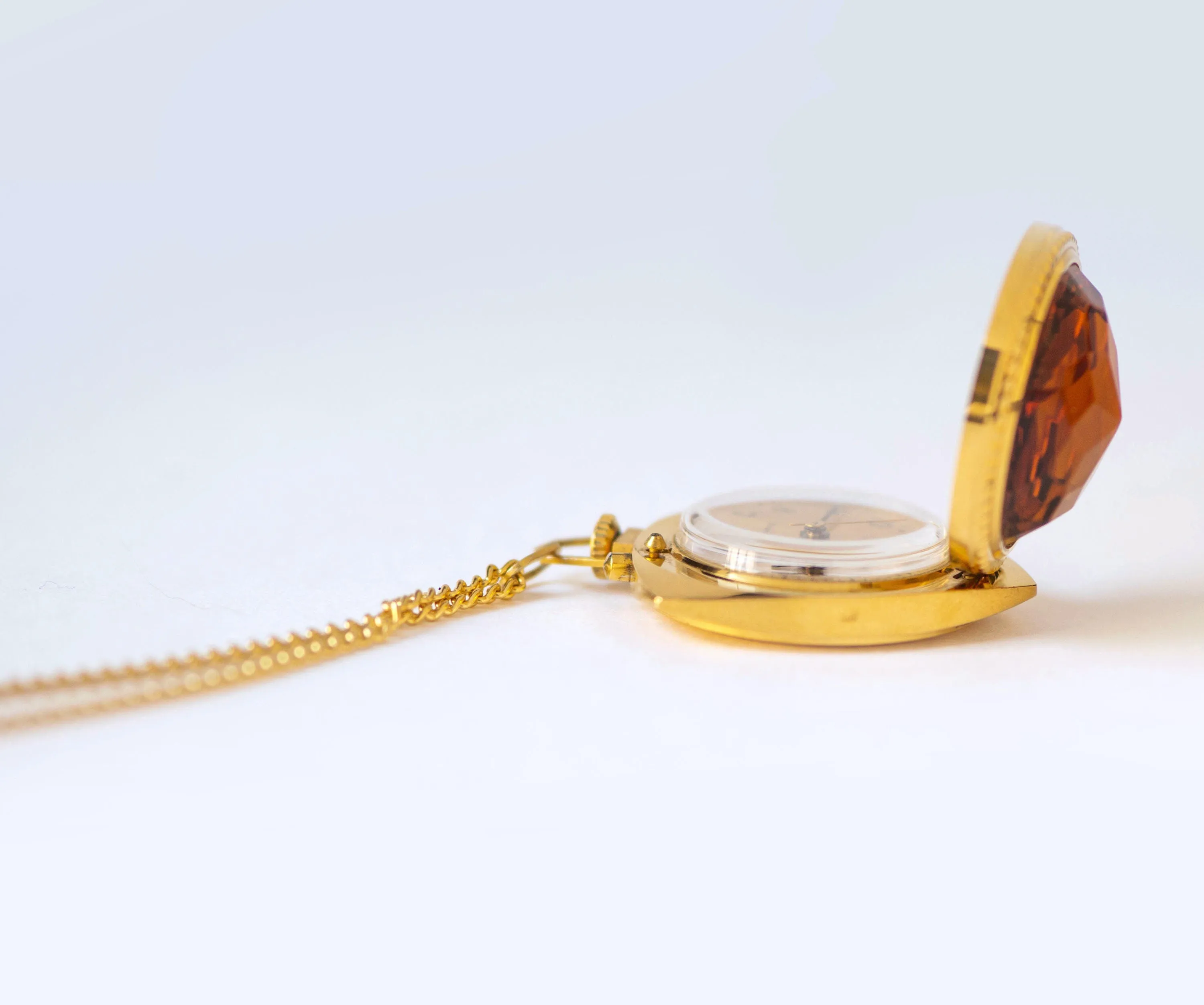 Cocktail watch pendant orange cover Dawn, lady's watch necklace trigonal gold plated, chunky watch pendant jewelry gift, party women's watch