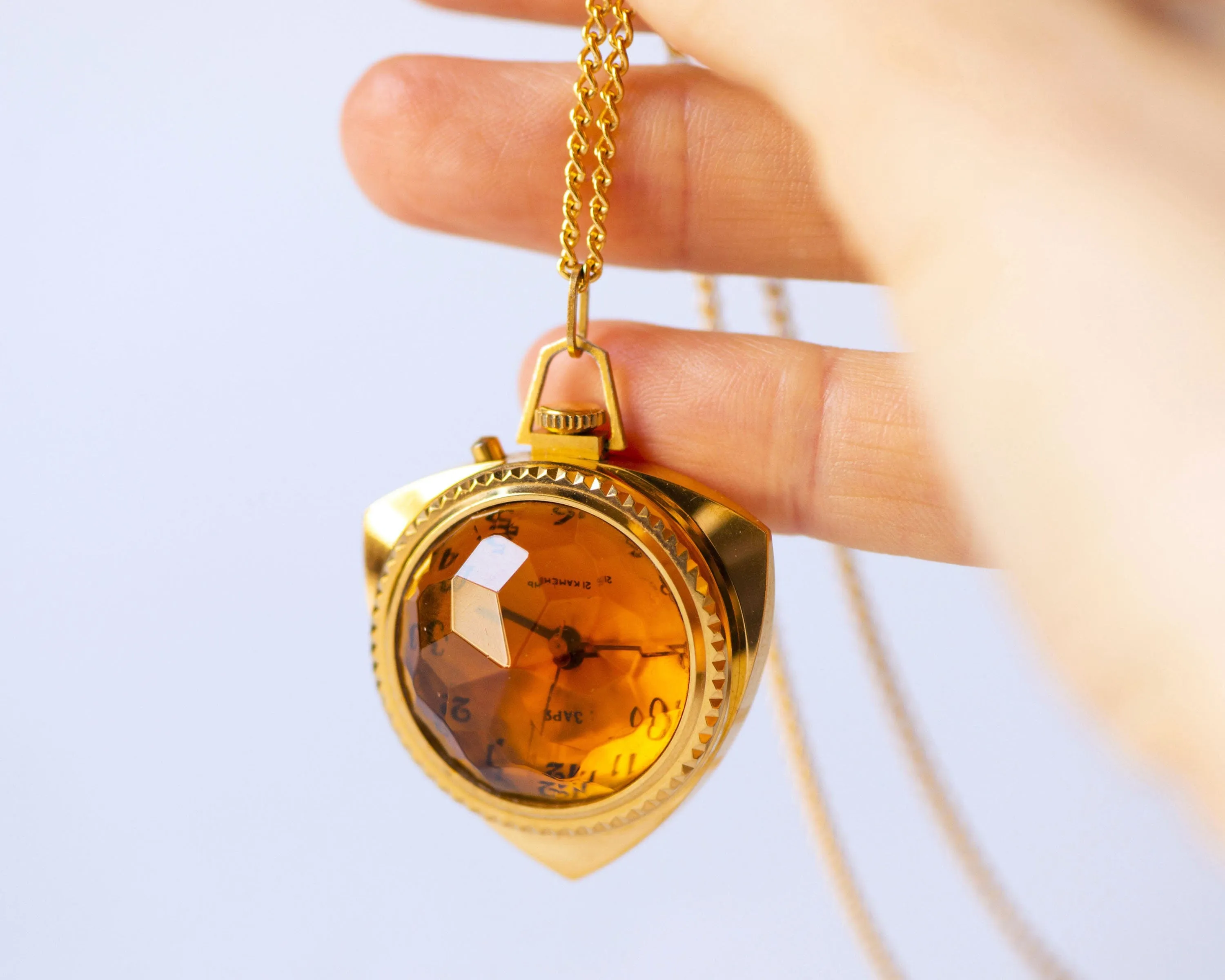 Cocktail watch pendant orange cover Dawn, lady's watch necklace trigonal gold plated, chunky watch pendant jewelry gift, party women's watch