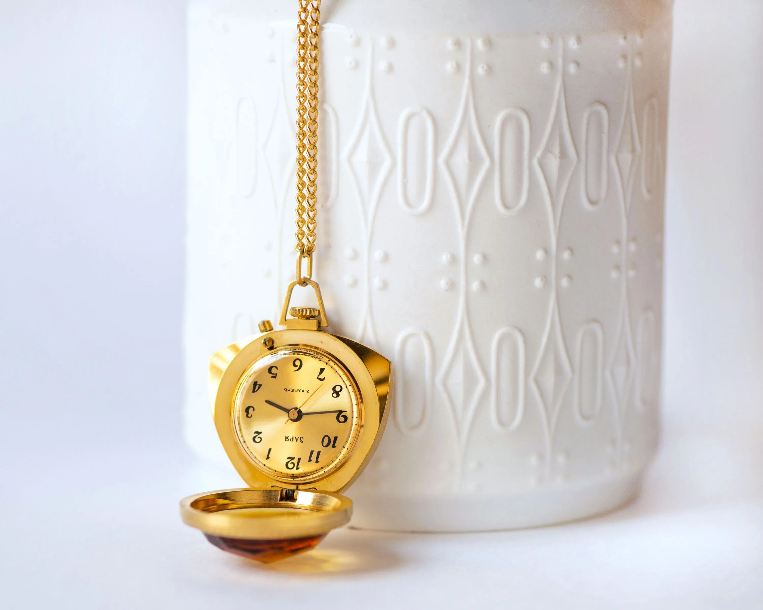 Cocktail watch pendant orange cover Dawn, lady's watch necklace trigonal gold plated, chunky watch pendant jewelry gift, party women's watch