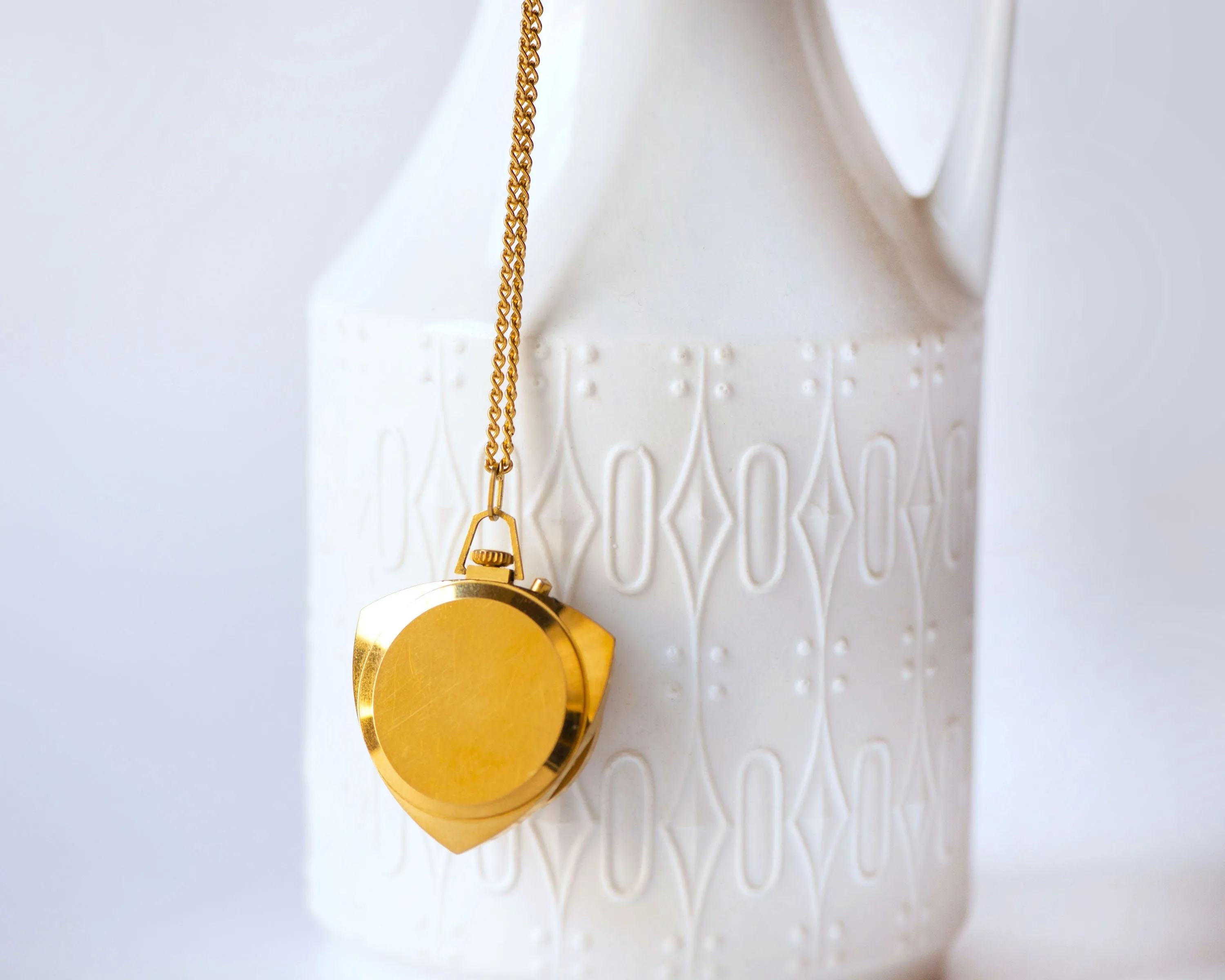Cocktail watch pendant orange cover Dawn, lady's watch necklace trigonal gold plated, chunky watch pendant jewelry gift, party women's watch