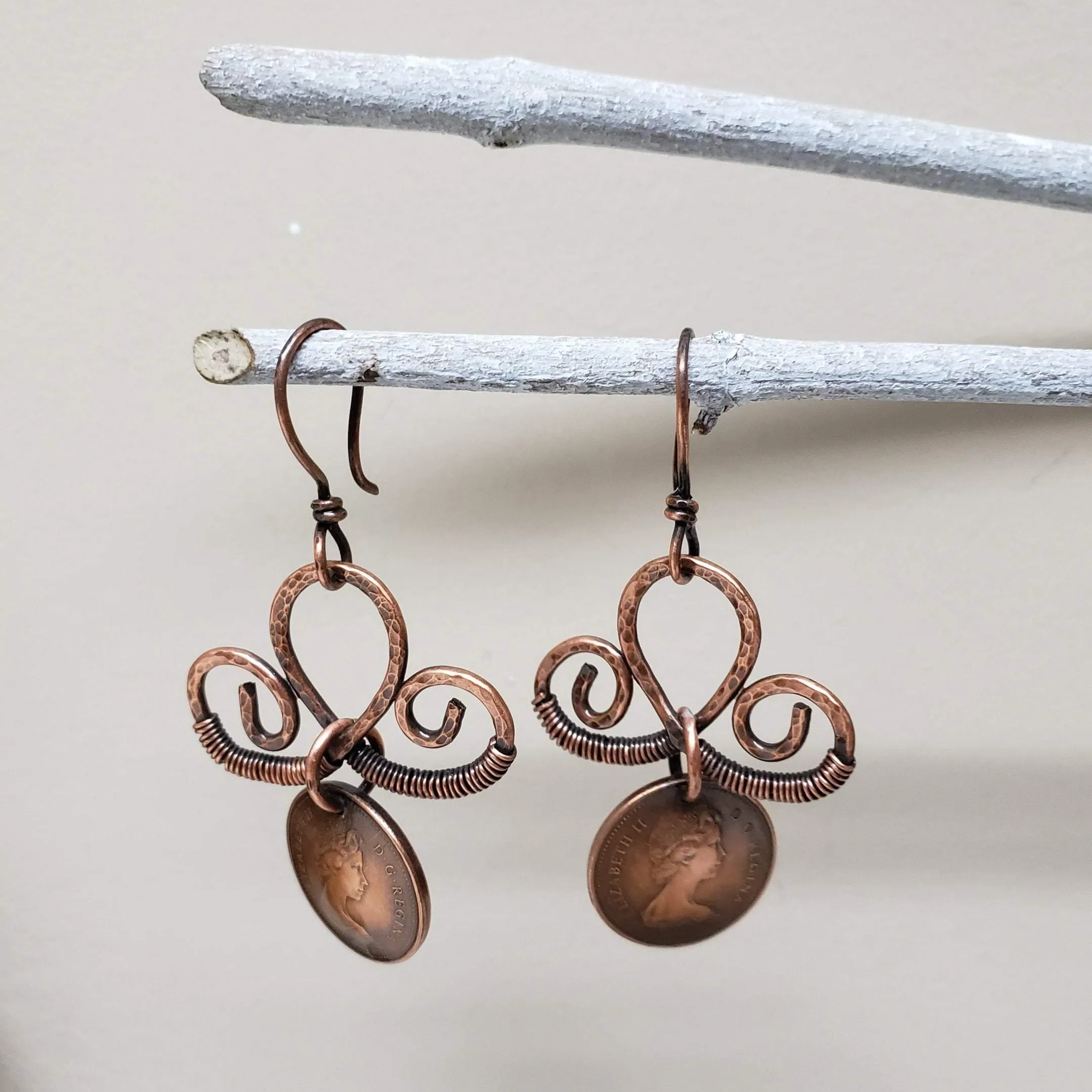 Copper Penny and scroll earrings