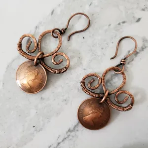 Copper Penny and scroll earrings