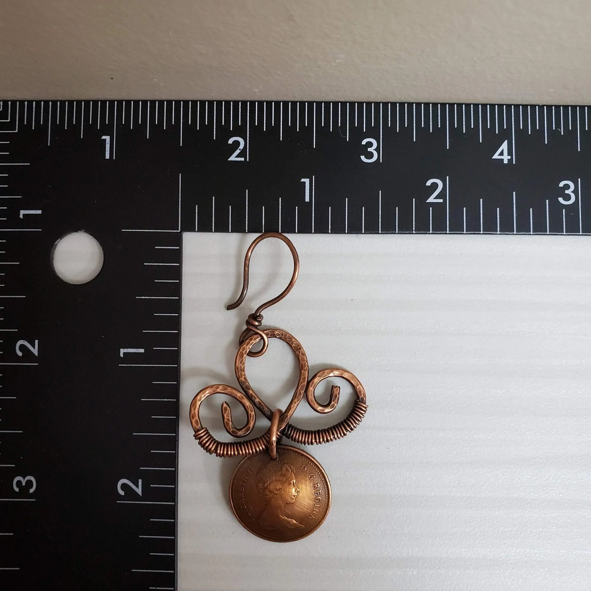 Copper Penny and scroll earrings