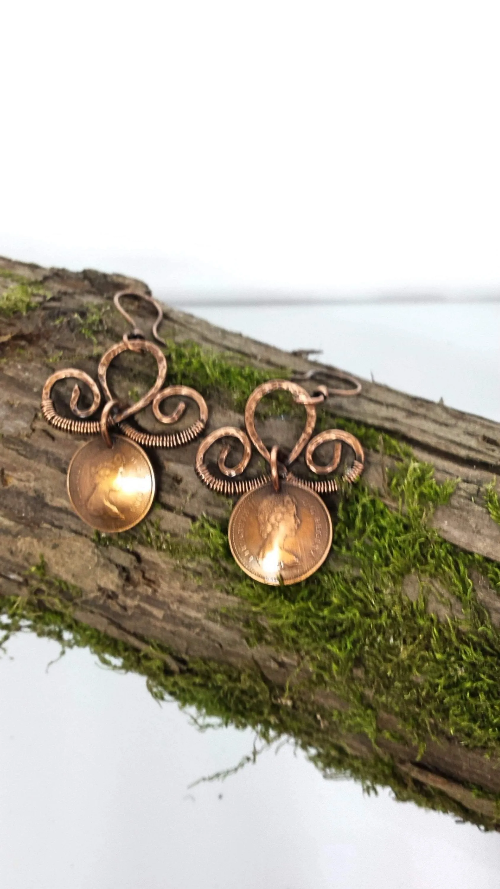Copper Penny and scroll earrings