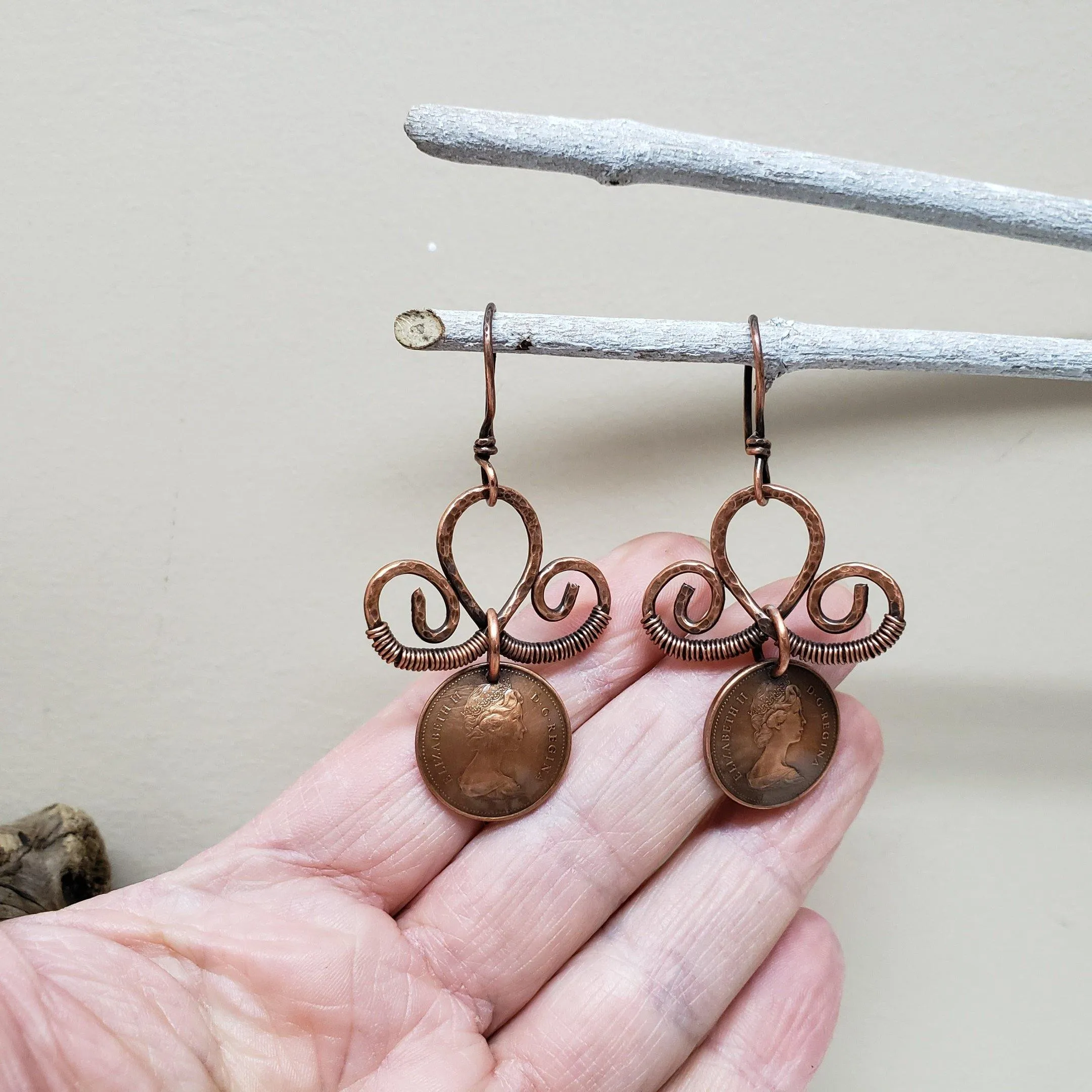 Copper Penny and scroll earrings