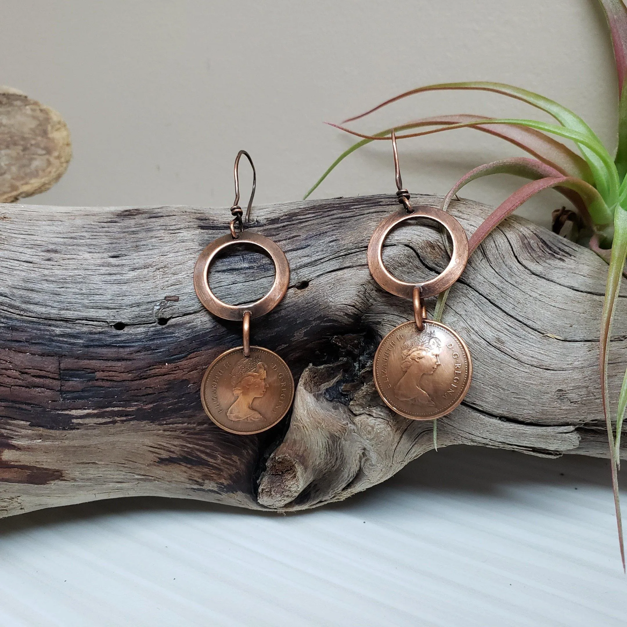 Copper Penny and scroll earrings