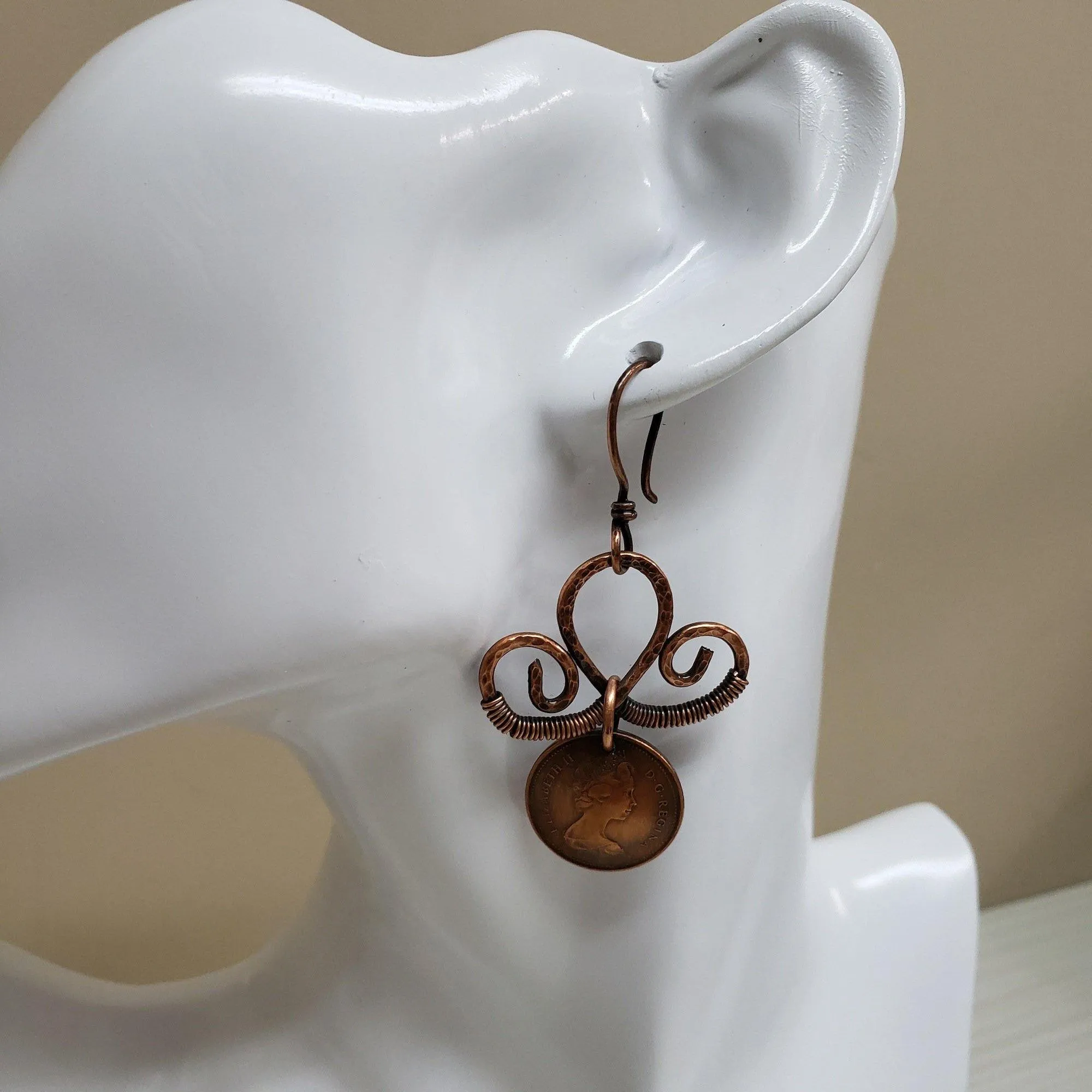 Copper Penny and scroll earrings