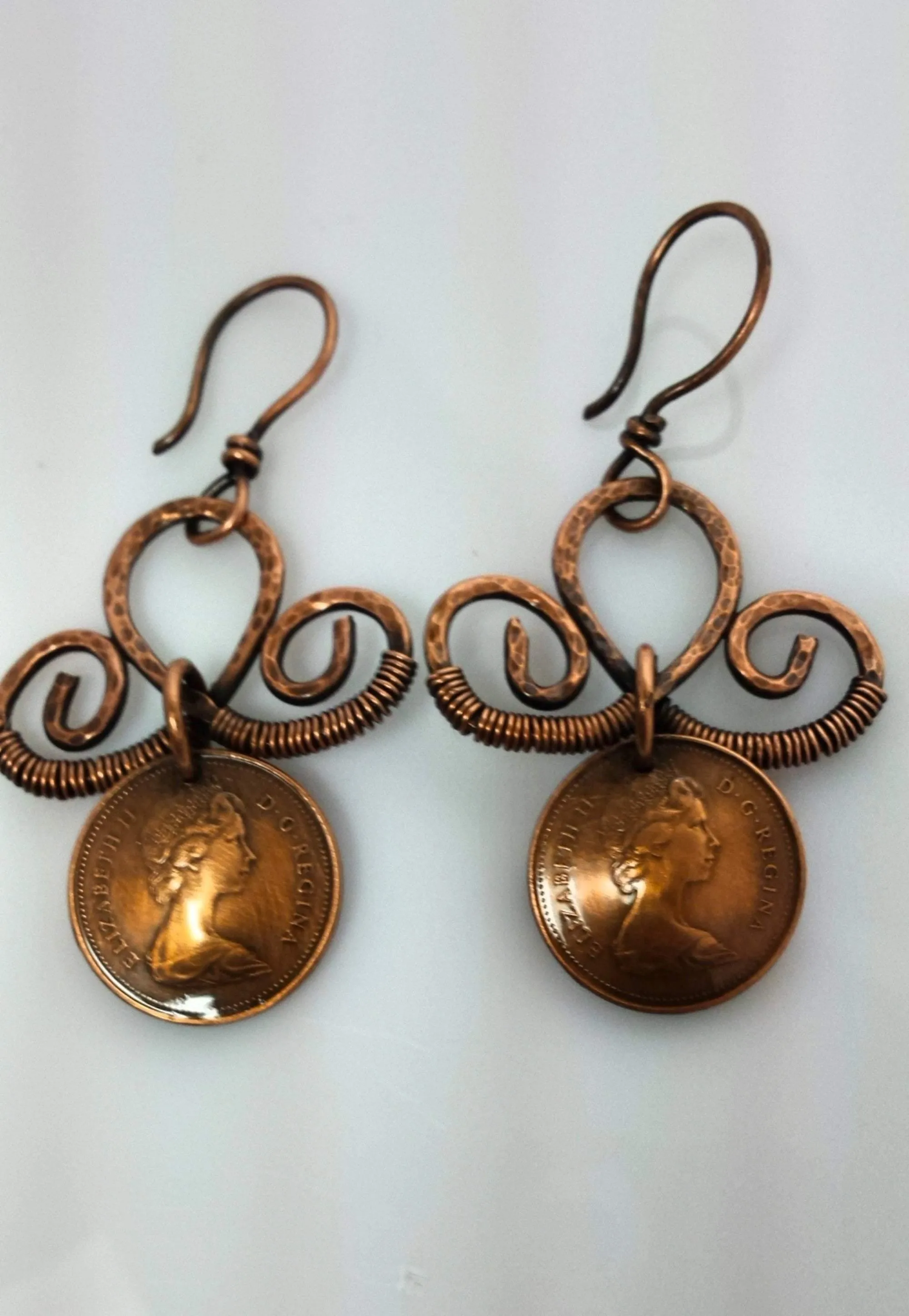 Copper Penny and scroll earrings