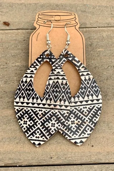 Cork Teardrop Dangle Earrings- Black & White Aztec