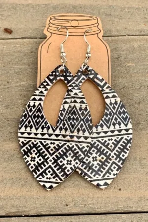 Cork Teardrop Dangle Earrings- Black & White Aztec