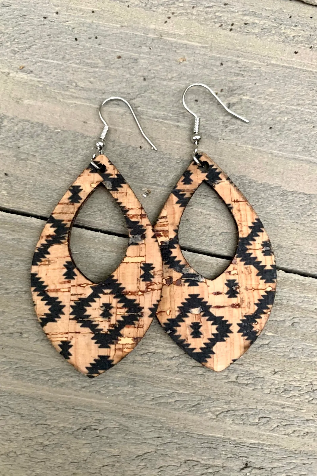 Cork Teardrop Dangle Earrings- Black Aztec