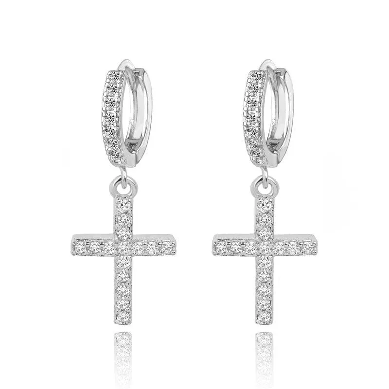 Cross Dangle Earrings with White Diamond Cubic Zirconia