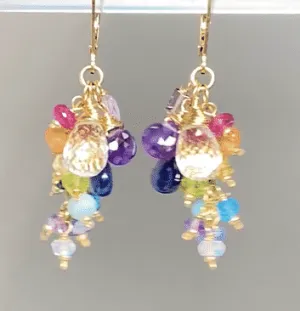 Crystal Quartz Dangle Earrings with Multi Gemstone Cluster, Purple, Blue, Pink 3