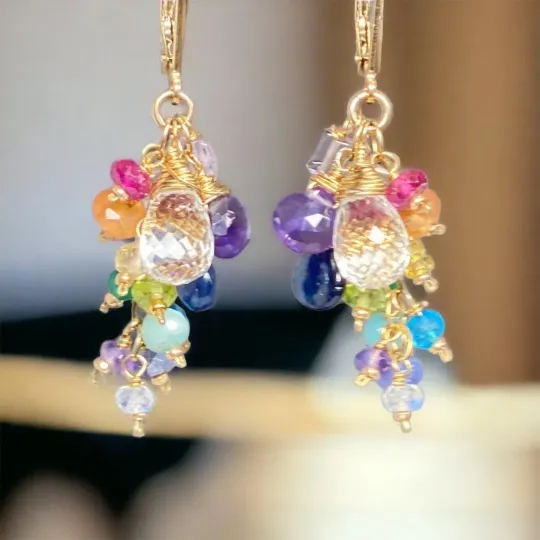 Crystal Quartz Dangle Earrings with Multi Gemstone Cluster, Purple, Blue, Pink 3