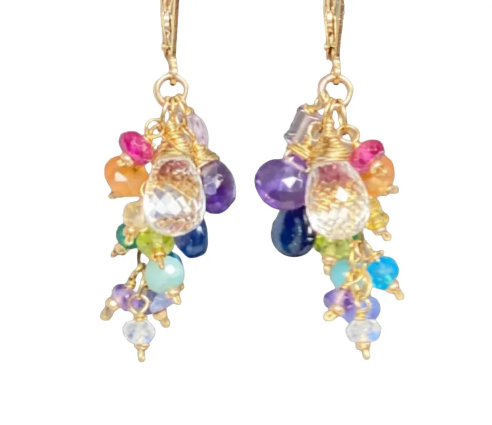 Crystal Quartz Dangle Earrings with Multi Gemstone Cluster, Purple, Blue, Pink 3
