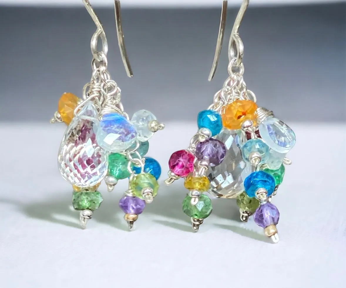 Crystal Quartz Dangle Earrings with Multi Gemstone Cluster Sterling Silver 9