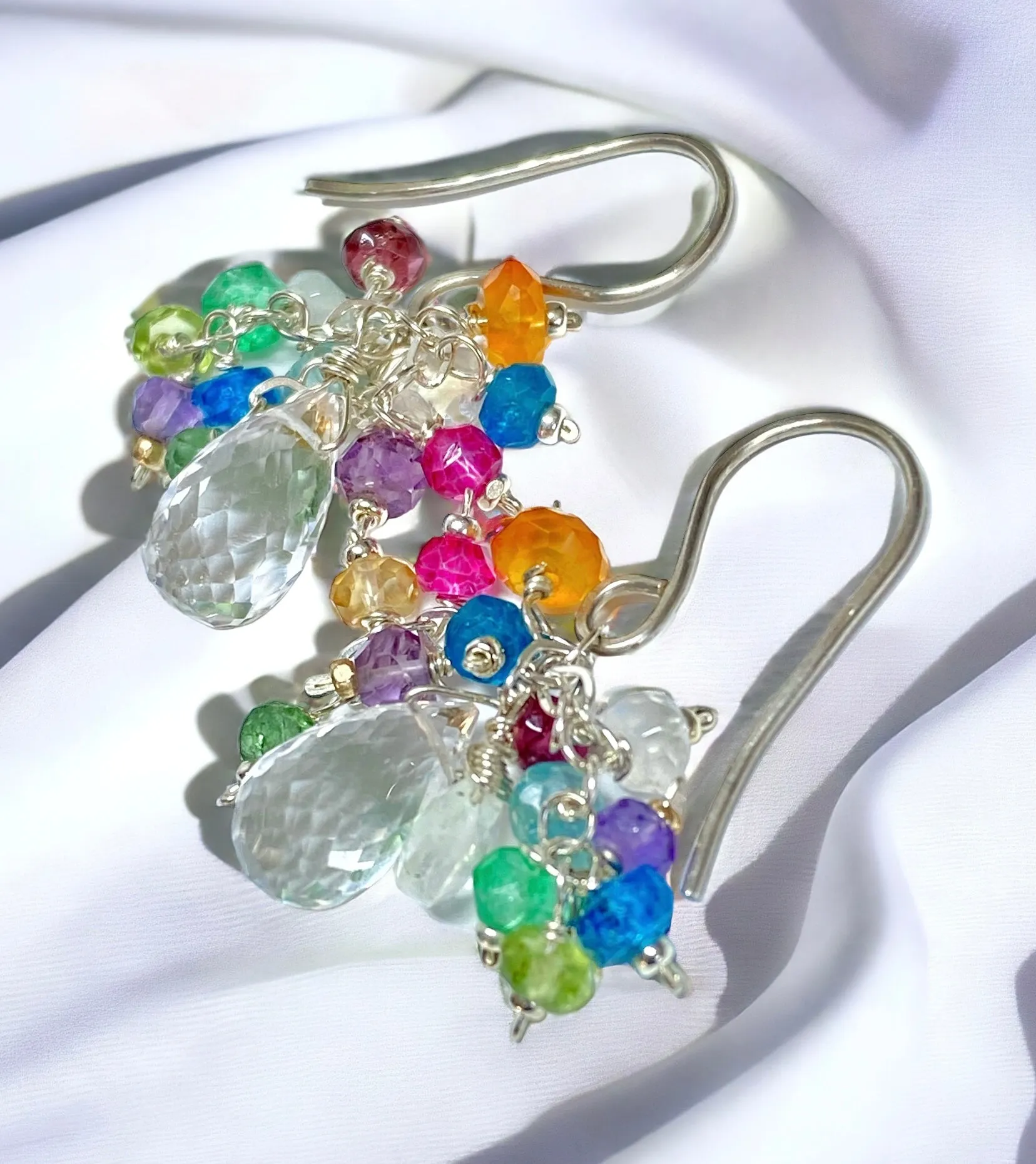 Crystal Quartz Dangle Earrings with Multi Gemstone Cluster Sterling Silver 9