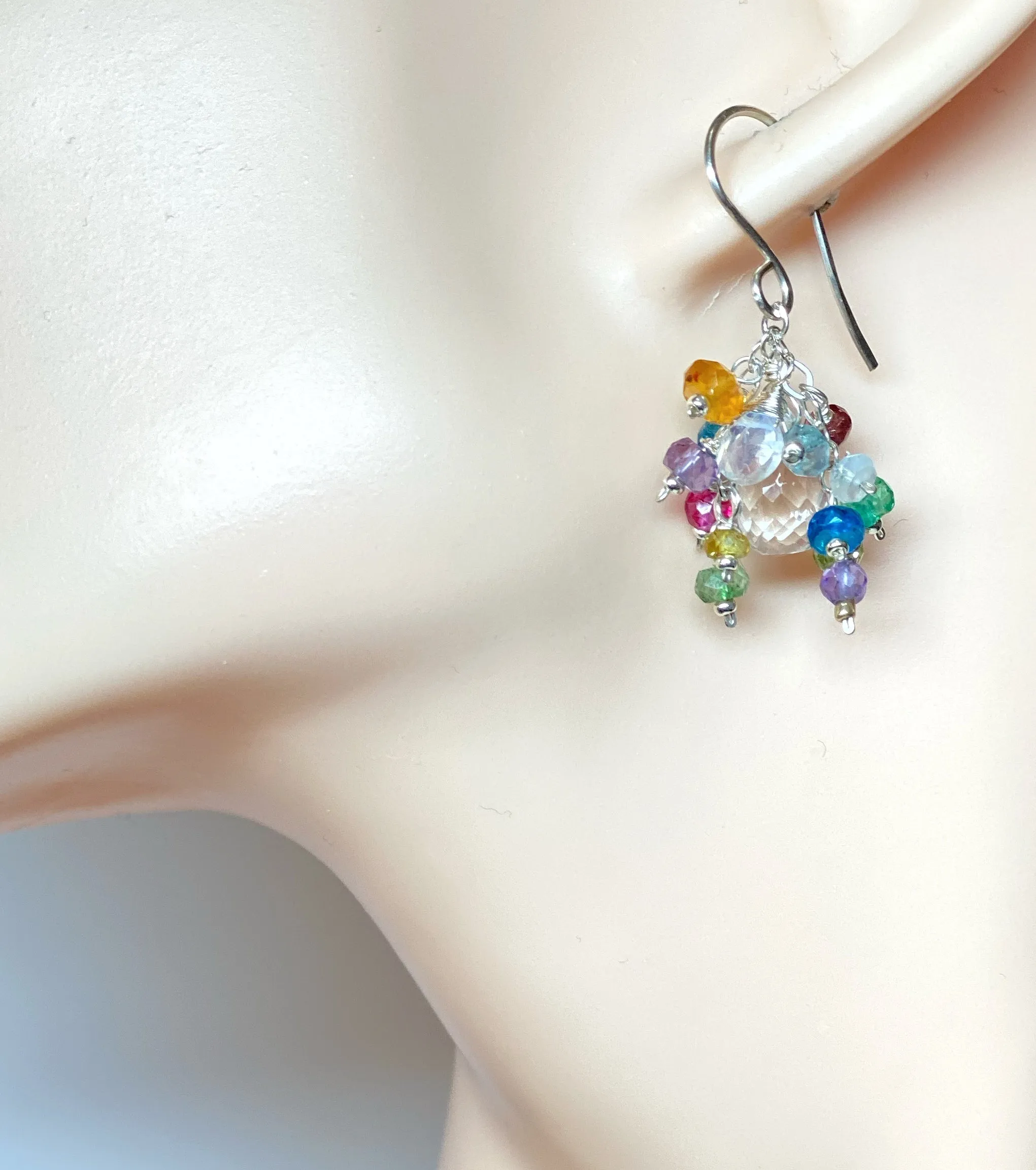 Crystal Quartz Dangle Earrings with Multi Gemstone Cluster Sterling Silver 9