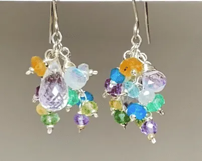 Crystal Quartz Dangle Earrings with Multi Gemstone Cluster Sterling Silver 9