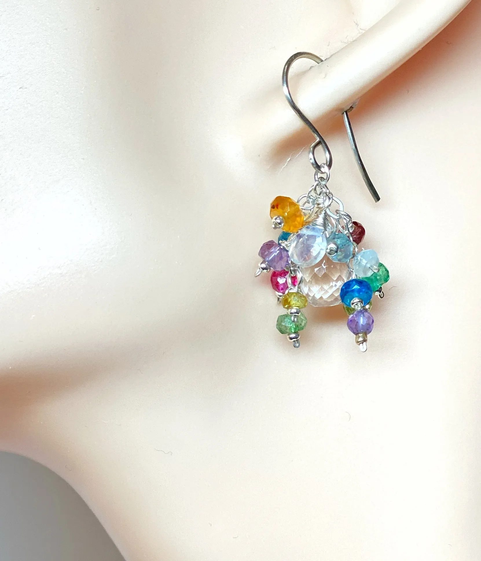 Crystal Quartz Dangle Earrings with Multi Gemstone Cluster Sterling Silver 9