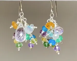 Crystal Quartz Dangle Earrings with Multi Gemstone Cluster Sterling Silver 9