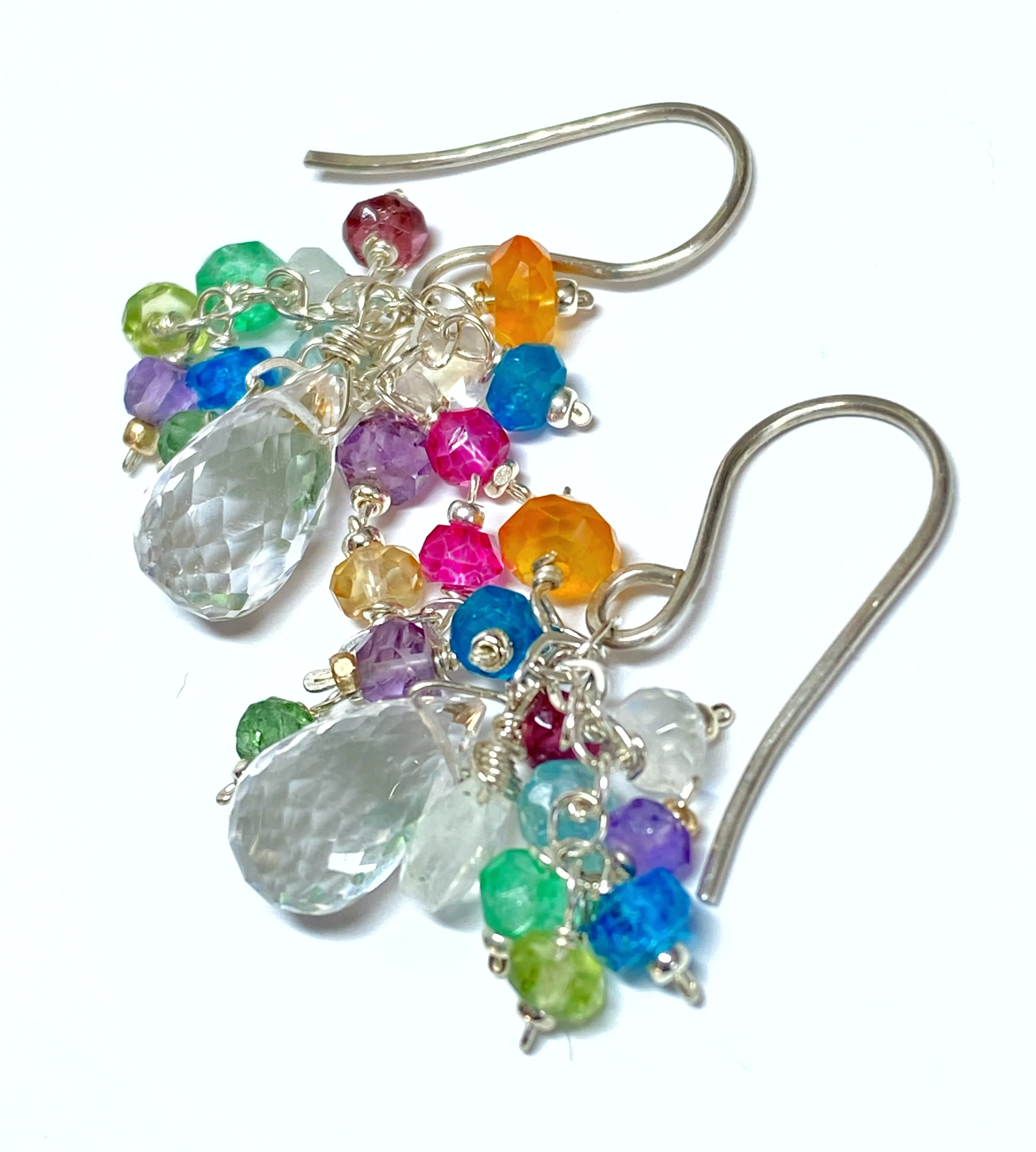 Crystal Quartz Dangle Earrings with Multi Gemstone Cluster Sterling Silver 9