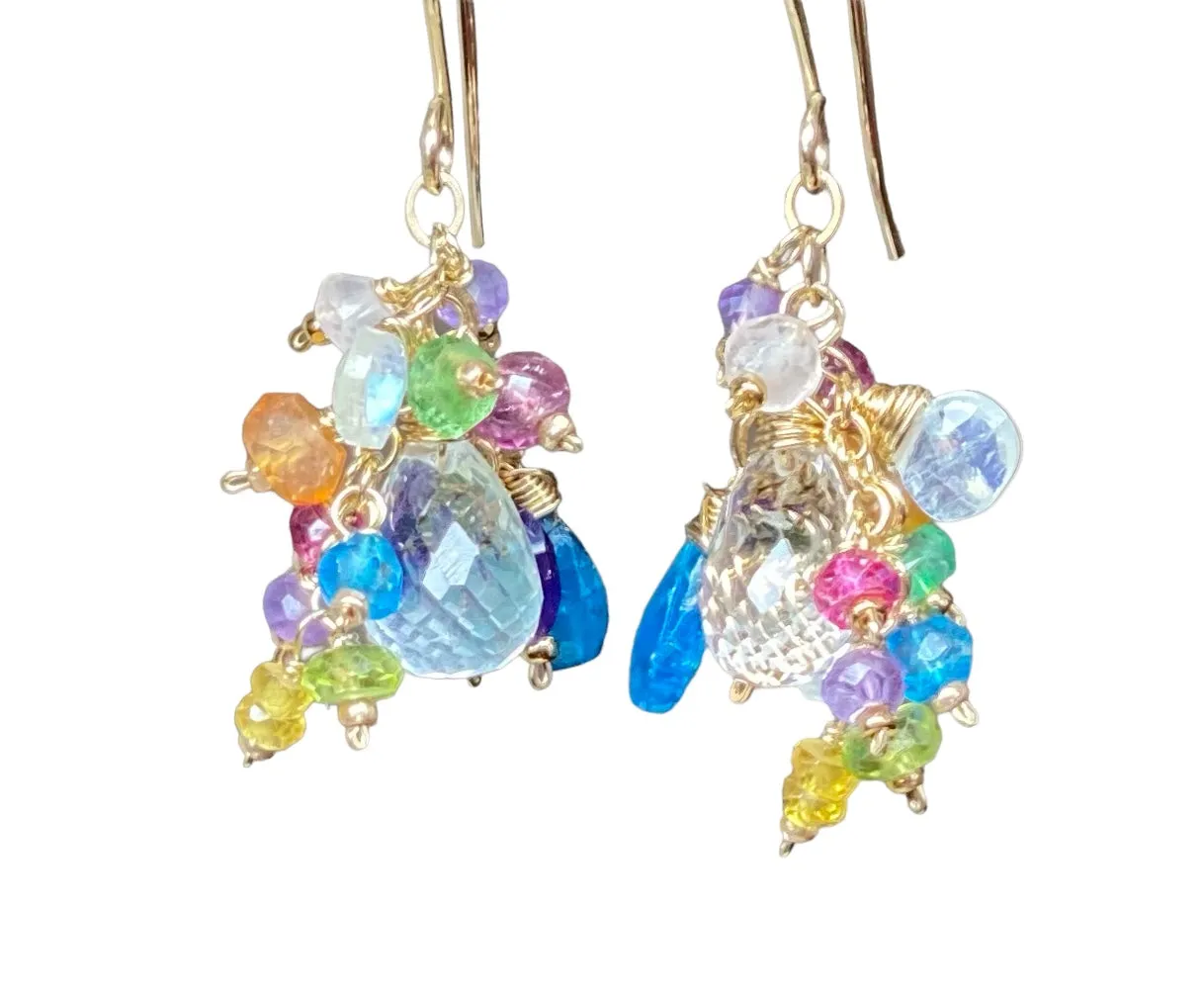 Crystal Quartz Dangle Earrings with Multi Gemstone Cluster Sterling Silver 9
