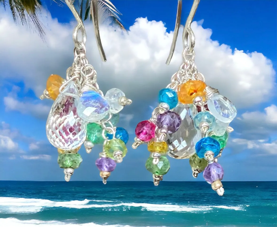 Crystal Quartz Dangle Earrings with Multi Gemstone Cluster Sterling Silver 9