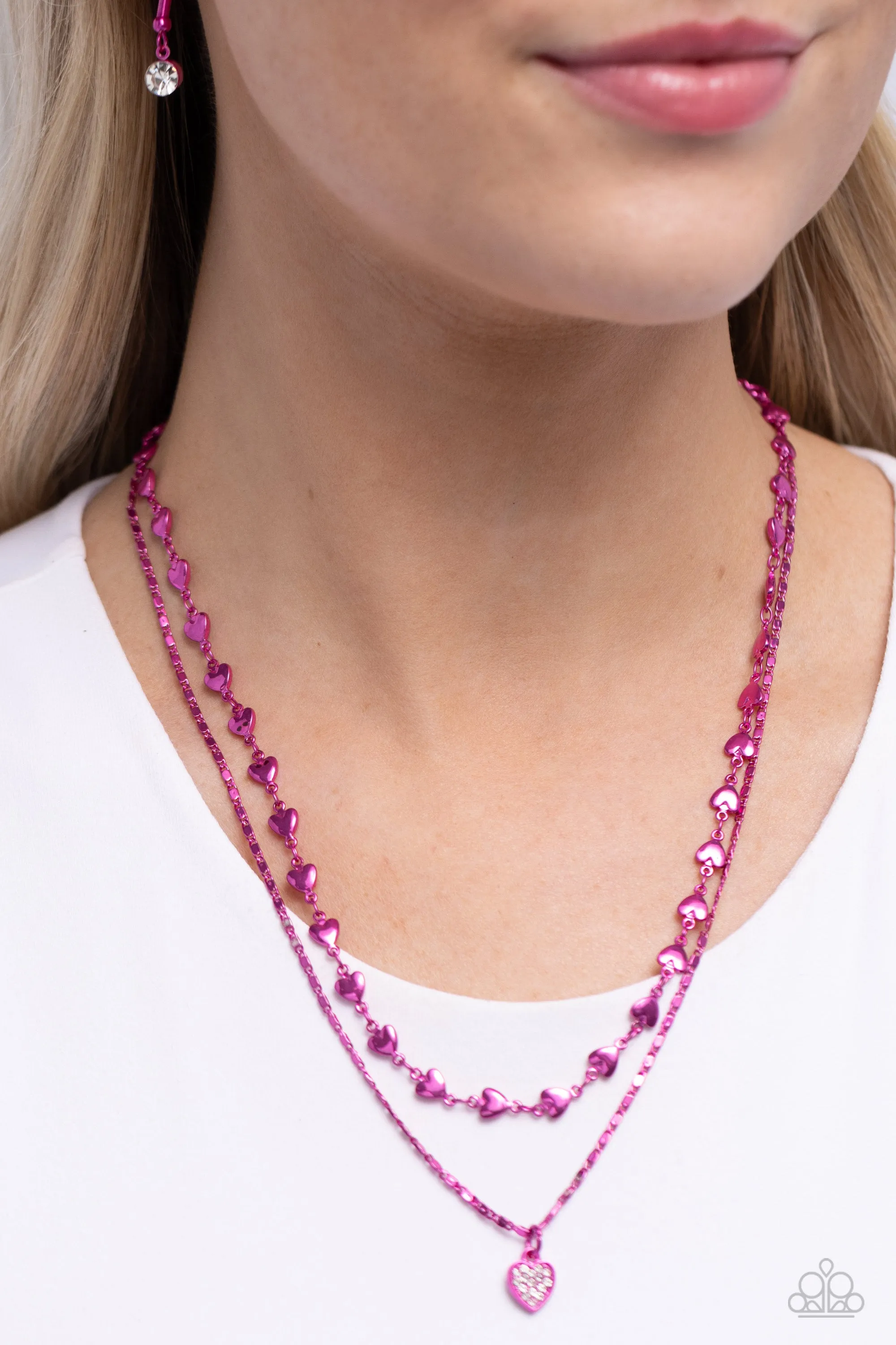 Cupid Combo - Pink - Metallic Chain White Rhinestone Encrusted Heart Tiered Paparazzi Short Necklace