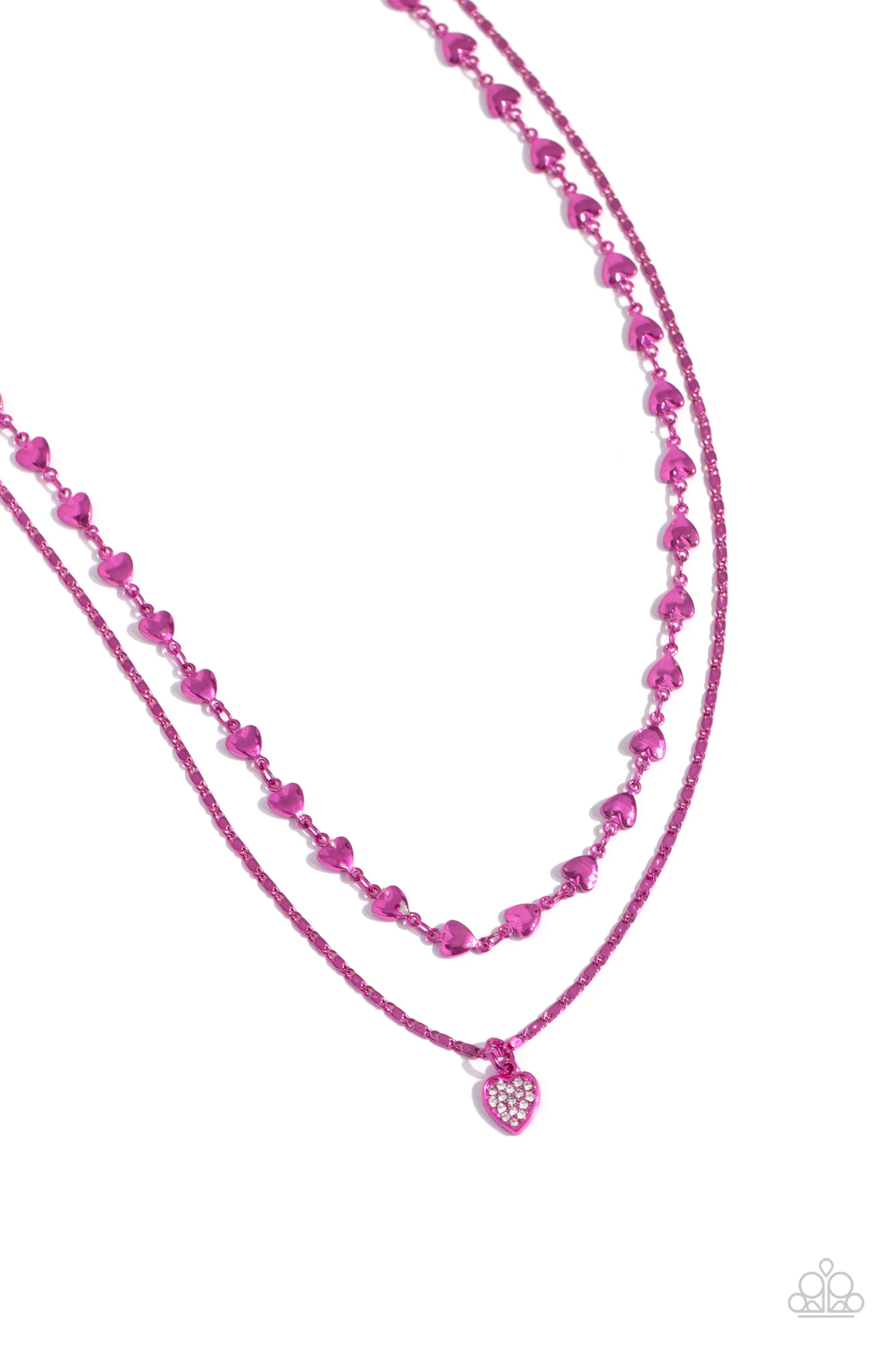 Cupid Combo - Pink - Metallic Chain White Rhinestone Encrusted Heart Tiered Paparazzi Short Necklace