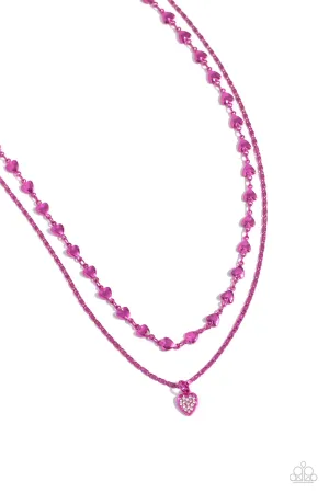 Cupid Combo - Pink - Metallic Chain White Rhinestone Encrusted Heart Tiered Paparazzi Short Necklace