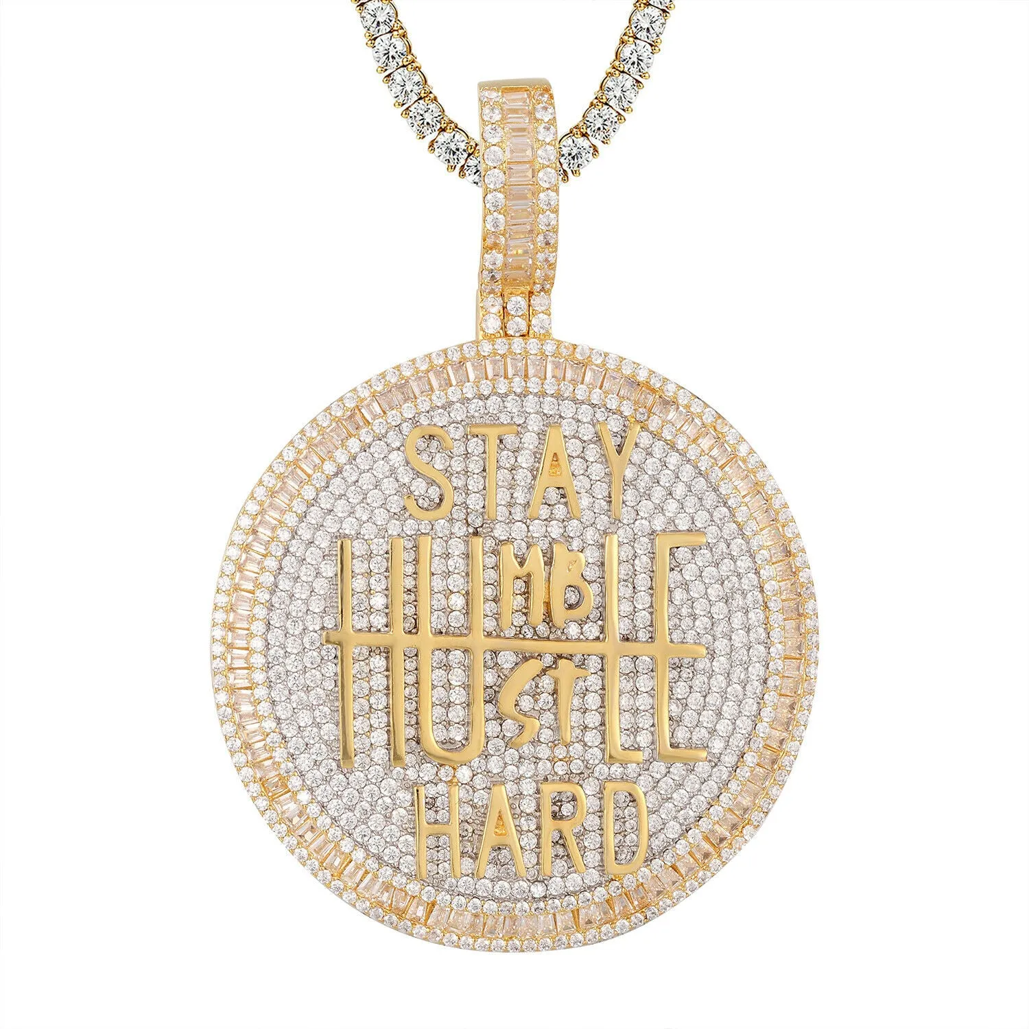 Custom Stay Humble Hustle Hard Simulated Diamond  Pendant With Chain
