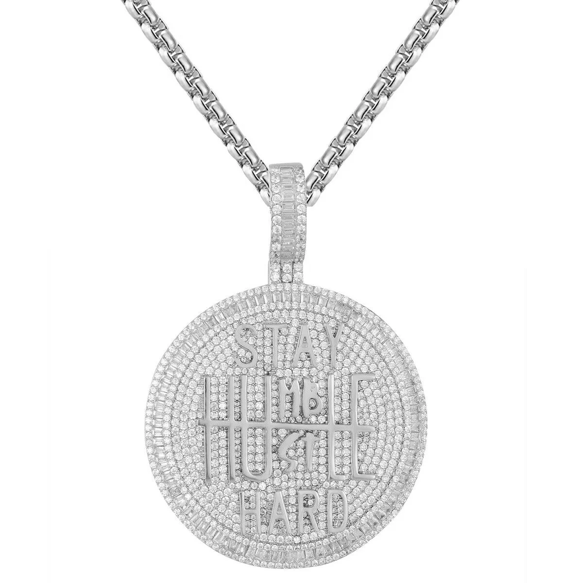 Custom Stay Humble Hustle Hard Simulated Diamond  Pendant With Chain