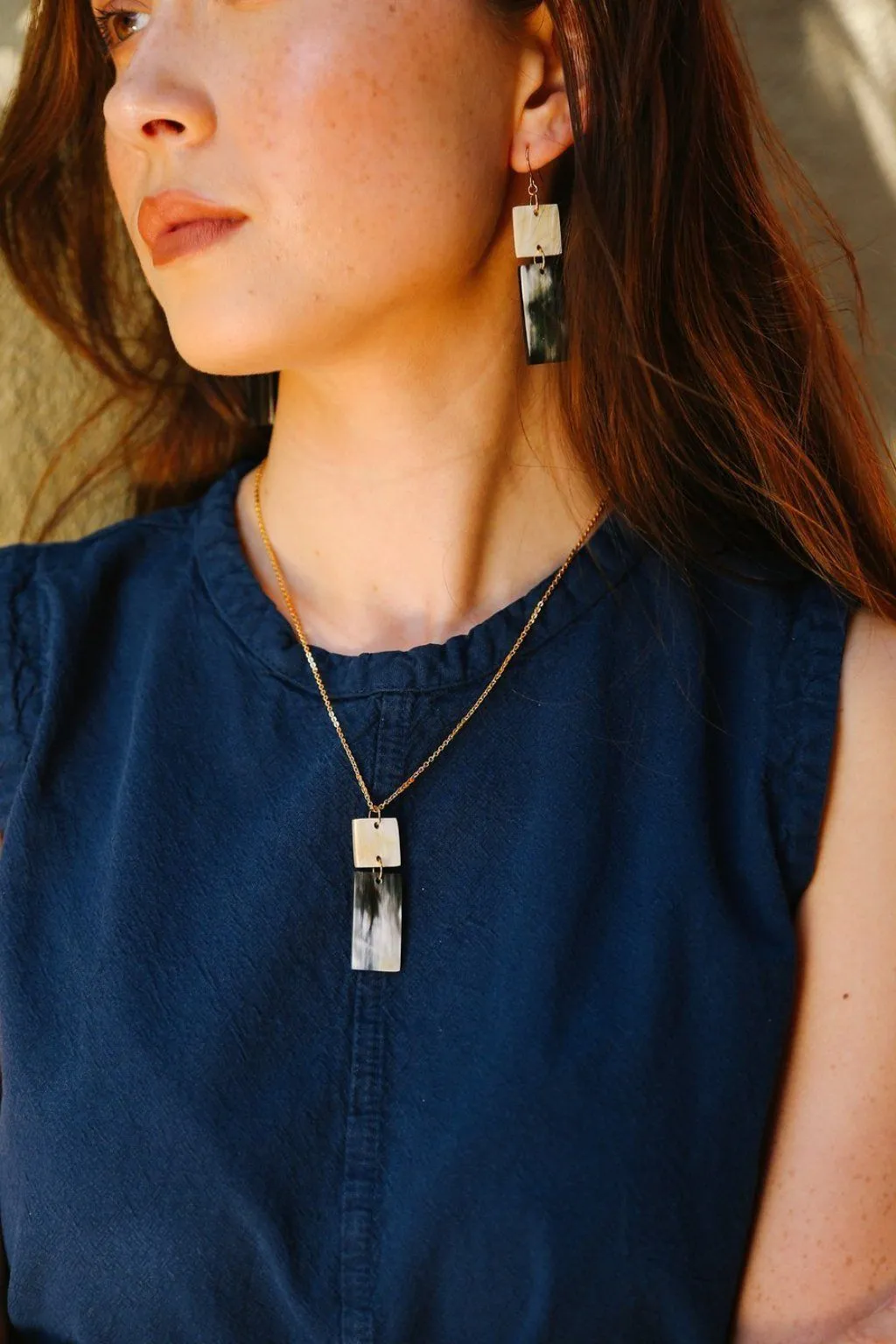 Da Lat 16K Gold Plated Rectangular Bar Buffalo Horn Pendant Necklace