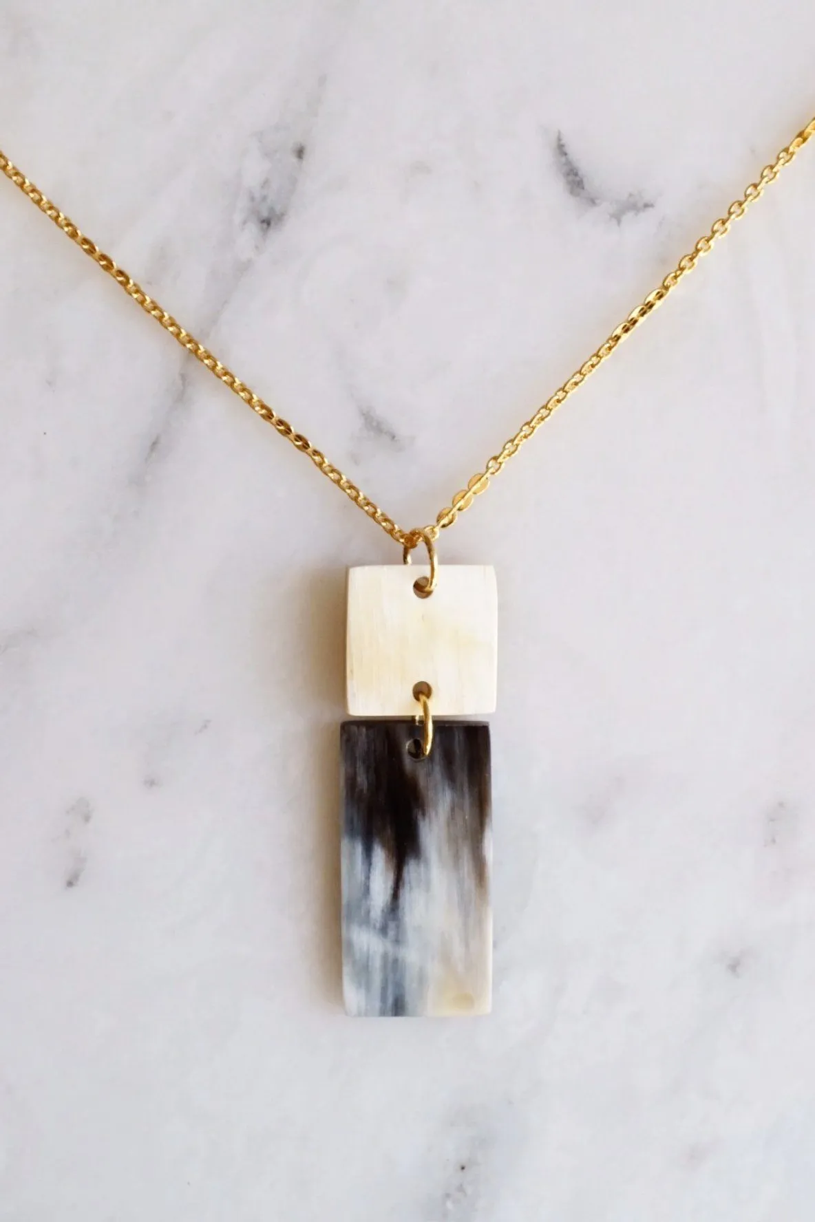 Da Lat 16K Gold Plated Rectangular Bar Buffalo Horn Pendant Necklace