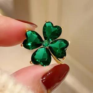 Delicate Green Crystal Lucky Four Leaf Clover Brooches for Women