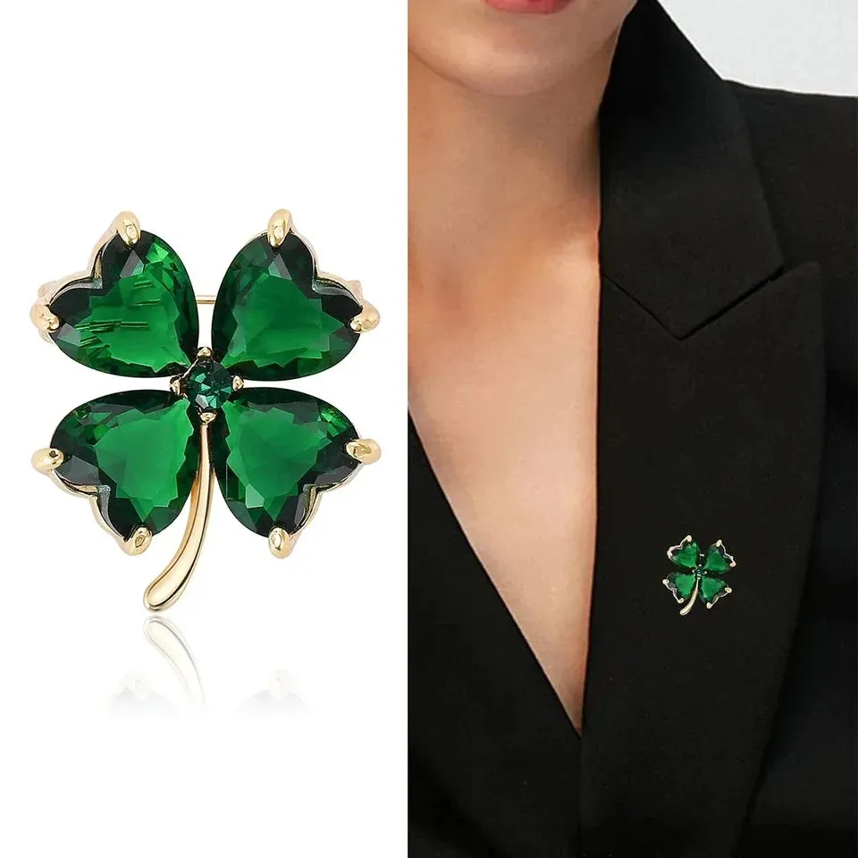 Delicate Green Crystal Lucky Four Leaf Clover Brooches for Women