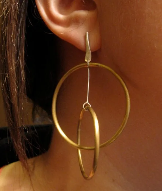 Distinctively Designed Solid Hand-Made Gold Colored Brass Hoop Within Hoop Earrings - 0084