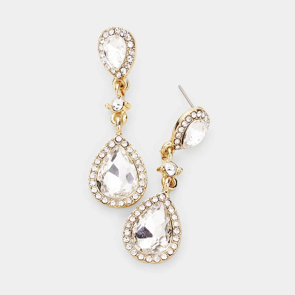 Double Clear Teardrop Stone Dangle Pageant Earrings on Gold  | Drop Earrings |  478435