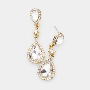 Double Clear Teardrop Stone Dangle Pageant Earrings on Gold  | Drop Earrings |  478435