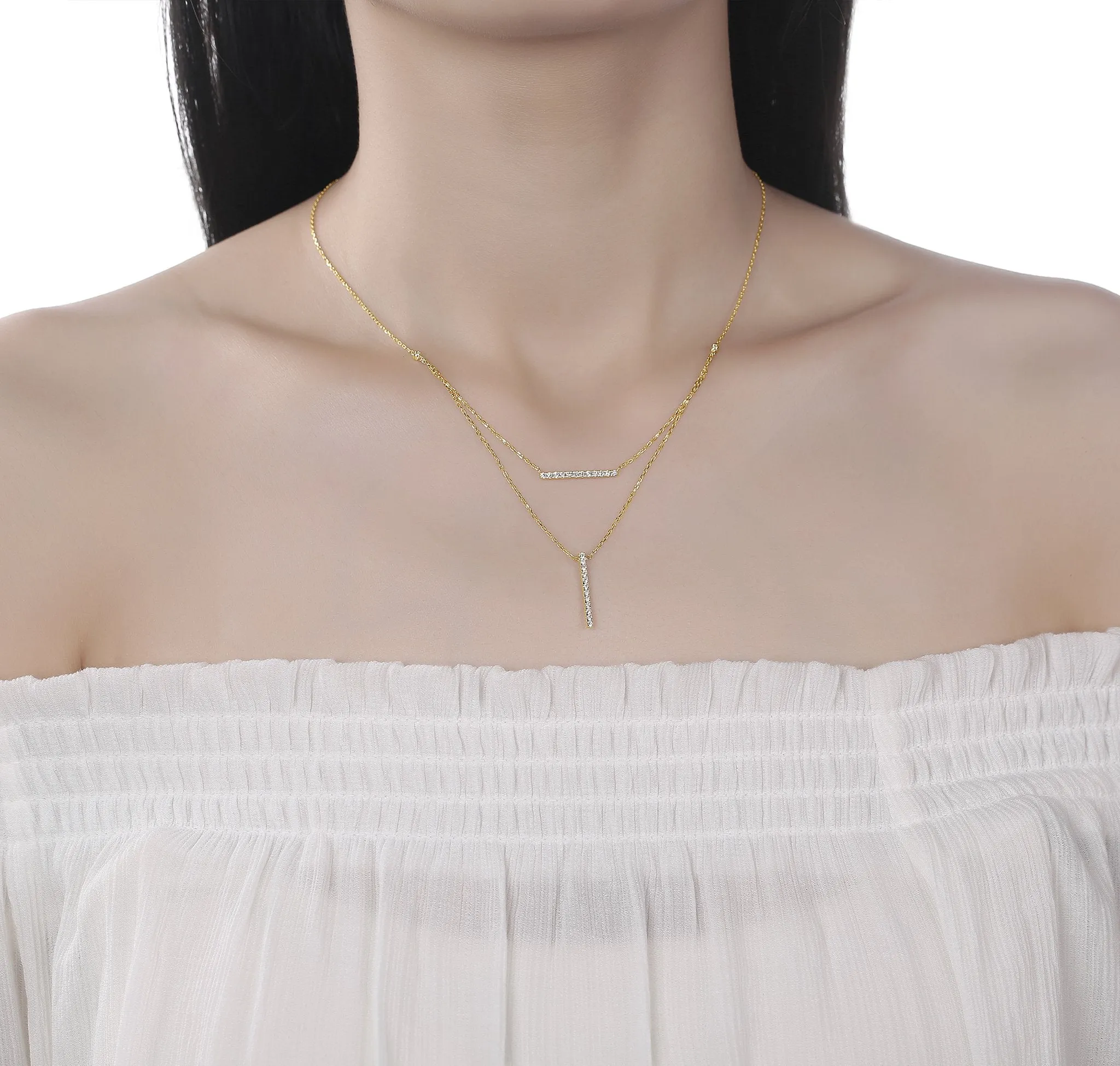Double Layered 0.30ctw Lab Grown Diamonds Bar Necklace <br> NL-00680WHT
