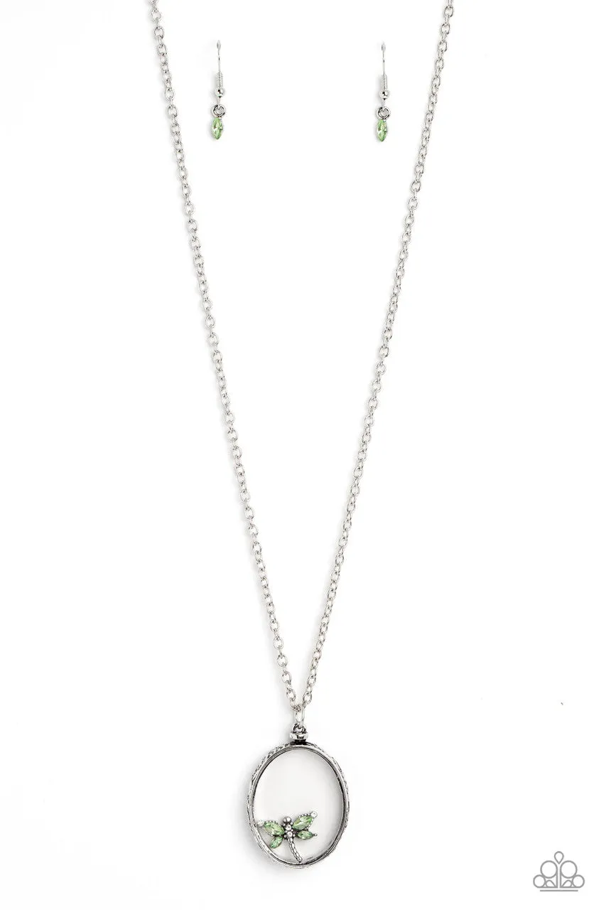 Dynamic Dragonfly - Green - Rhinestone Suspended Pendant Paparazzi Short Necklace