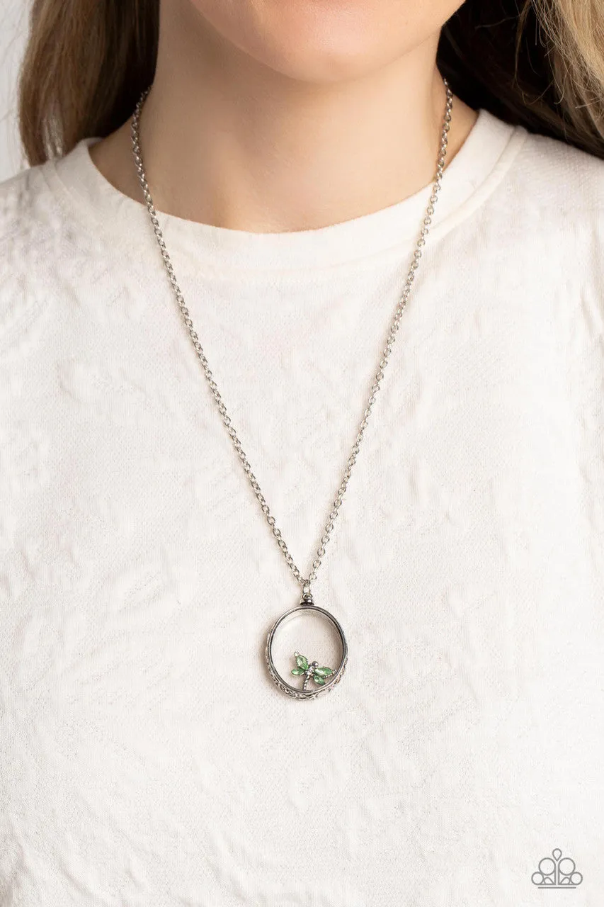Dynamic Dragonfly - Green - Rhinestone Suspended Pendant Paparazzi Short Necklace