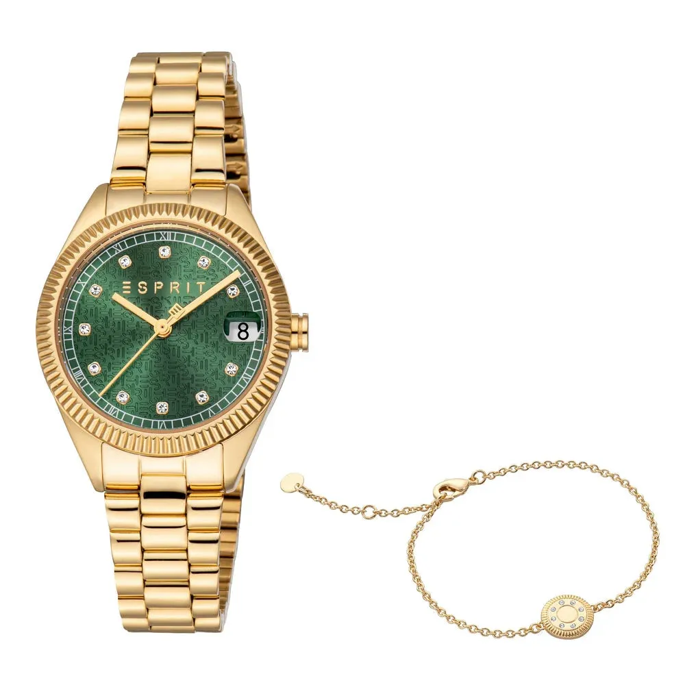 Esprit Leilani Ladies Green Dial Stainless Steel Gold Plated Watch