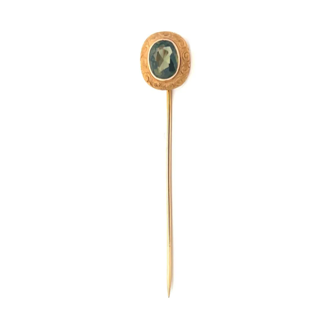 Estate 14K Yellow Gold Oval Green Zircon Stick Pin