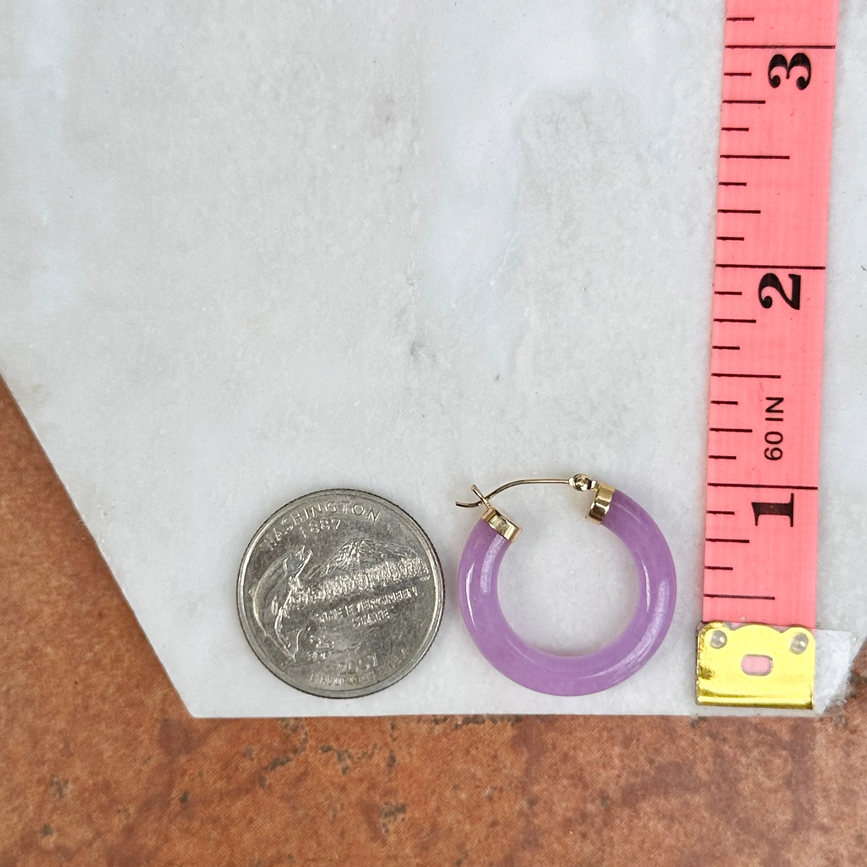 Estate 14KT Yellow Gold Lavender Jade Tube Hoop Earrings