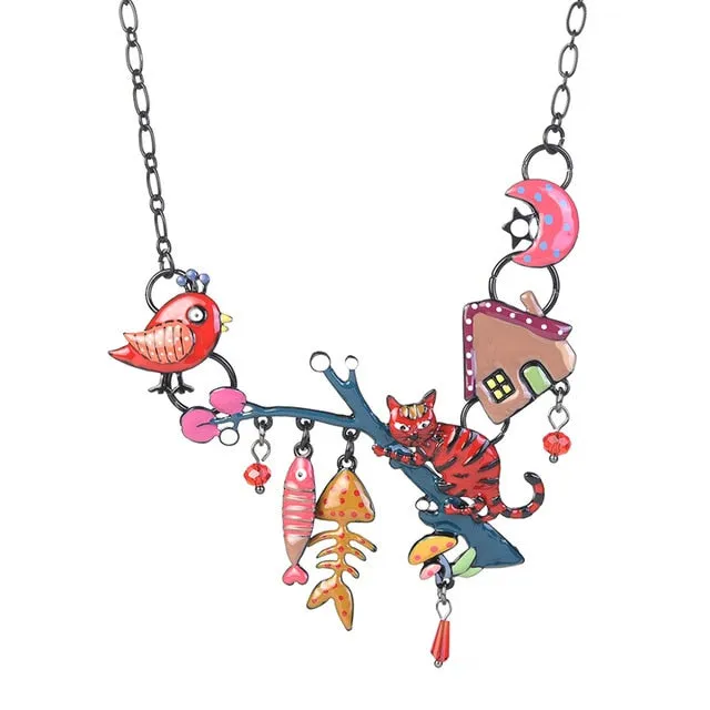 Fashion Woman Pendants Cute Cat Fish Bone Statement Necklace Enamel Charm Link Chain Necklaces Jewelry for Party Black Friday