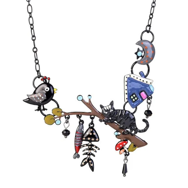 Fashion Woman Pendants Cute Cat Fish Bone Statement Necklace Enamel Charm Link Chain Necklaces Jewelry for Party Black Friday