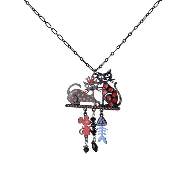 Fashion Woman Pendants Cute Cat Fish Bone Statement Necklace Enamel Charm Link Chain Necklaces Jewelry for Party Black Friday