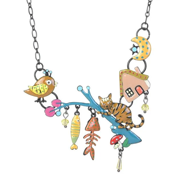 Fashion Woman Pendants Cute Cat Fish Bone Statement Necklace Enamel Charm Link Chain Necklaces Jewelry for Party Black Friday